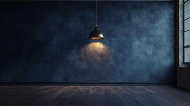 Dark blue room illuminated by a central hanging light, creating a moody atmosphere. A window on the right lets in diffused daylight. photo