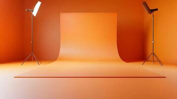 Studio setup featuring a seamless backdrop and lighting, ready for creative projects in photography or videography. Warm orange tones. photo