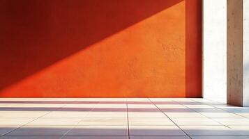 Geometric interplay of orange wall, white tiles, and strong sunlight creating dynamic shadows and textures in an architectural space. photo