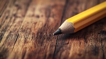 A sharpened pencil rests on a textured wooden surface, poised for drawing, sketching, or note-taking. A tool for art and writing. photo