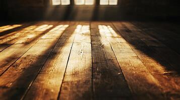 Sunlight beams through windows, illuminating a textured wooden floor. Warm light and shadows create depth and character, highlighting the wood grain. photo