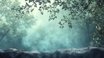 Enchanted forest landscape with mystical fog, silhouetted trees, and a rocky ledge creating a serene and dreamy ambiance. photo