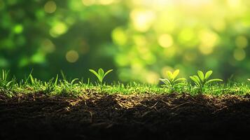 Young sprouts emerge from fertile soil under the warm sun, symbolizing new beginnings and growth, backlit with a lush green background. photo