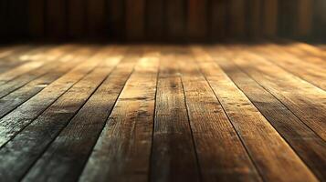 Rustic wooden floor with dark planks and textured surface, creating a warm and inviting atmosphere. Perfect for interior design backdrop. photo