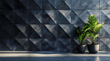 Geometric wall art with potted plants, creating a modern architectural aesthetic. The textured surface adds depth and visual interest. photo
