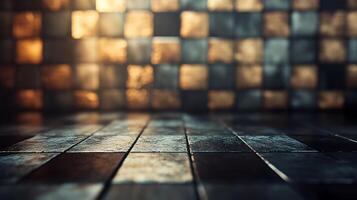 Abstract checkered backdrop with gold and black tiles. A dramatic setting for product showcase or artistic renderings of a surface texture. photo