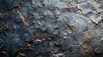 Detailed shot of weathered and textured surface displaying various shades of gray and hints of golden-brown, revealing age and history. photo