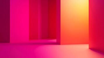 Abstract architectural space with geometric shapes in gradient shades of pink, red, and orange, creating a vibrant, modern aesthetic. photo