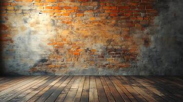 Vintage brick wall and wooden floor create a rustic and weathered atmosphere. A blank canvas for various purposes and creative projects. photo