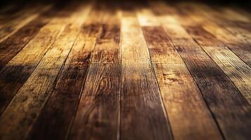 A rustic, weathered wooden floor with warm tones and distinct grain patterns, creating a sense of depth and texture in a visually appealing surface. photo