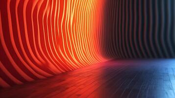 Abstract red-orange and blue textured background with curved parallel lines creating a unique visual effect. Lines converging with perspective. photo