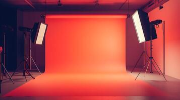 Photo studio setup featuring backdrop and lighting. Equipment creates professional environment for photographers to achieve desired shots.