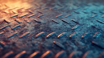 Macro shot of textured metallic surface with raised pattern under warm cool lights, showcasing industrial texture and geometric design. photo