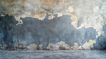 Distressed concrete texture with peeling layers and cracks creating a unique, weathered, and abstract pattern on wall and floor. photo