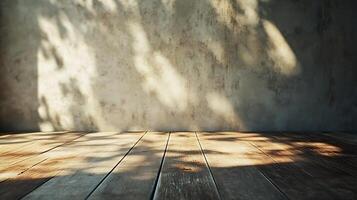 Sunlight filters onto a rustic wooden floor, creating dappled shadows against a textured concrete wall, offering a natural, airy aesthetic. photo