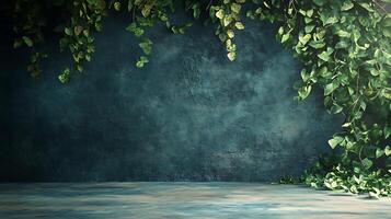Lush green leaves cascade around a textured blue-green wall with a marbled floor, creating a serene, natural ambiance. Great for backgrounds photo