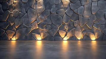 Abstract stone wall illuminated by a warm light. Polished stone floor reflects the amber glow. Striking contrast of texture and sheen. photo