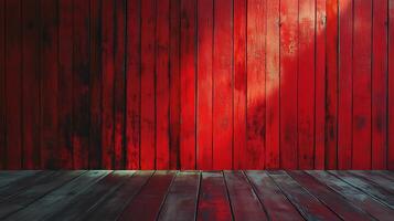 Rustic wooden backdrop featuring a rich red painted wall with weathered details and a dark wooden floor adding depth and character. photo