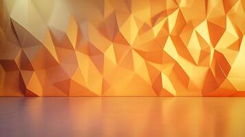Abstract orange and yellow geometric wall with reflective floor, creating a modern, angular backdrop with warm, gradient lighting. photo