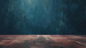 A captivating studio shot features a weathered wooden floor juxtaposed against a textured blue background, exuding rustic charm and depth. photo