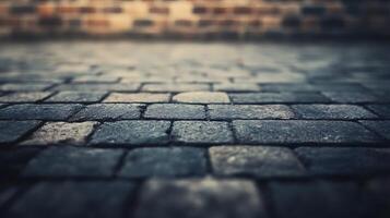 Textured cobblestone pavement with blurred brick background, creating depth. Focus on foreground stones ideal for urban or architectural design. photo
