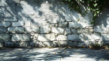 Ancient Stone Wall with Ivy and Shadows, creating a captivating scene. A touch of history and nature's beauty in harmony. photo