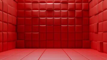 Red Padded Room Intense, striking view of an empty, abstract room clad entirely in red, padded panels on the floor, walls, and ceiling. photo