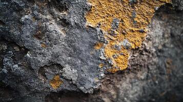 Weathered stone surface with textured gray and gold hues, showcasing natural decay and intricate patterns. Rough and aged abstract design. photo