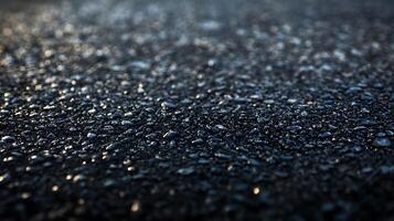Close-up of fresh asphalt surface, showing texture and reflective aggregate under sunlight. Focus on material and abstract design. photo
