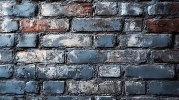 An aged brick wall showcases a blend of textured surfaces and faded paint in a close-up view, highlighting rustic charm and weathered details. photo