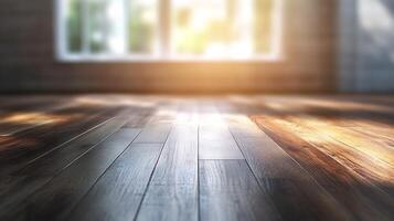 Warm sunlight streams through a window onto a hardwood floor, creating a cozy and inviting atmosphere. Modern minimalist design. photo