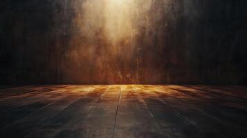 Moody room background with light shining down on a dark wood floor, against a textural wall of brown and black, highlighting the surface. photo