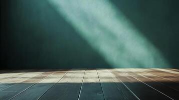 Sunlight dances on a textured blue-green wall, illuminating a wooden floor with warmth and shadow, creating a serene, inviting atmosphere. photo
