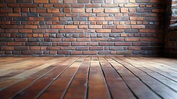A weathered brick wall meets a hardwood floor, creating a rustic backdrop. The room exudes warmth and character through its textures. photo
