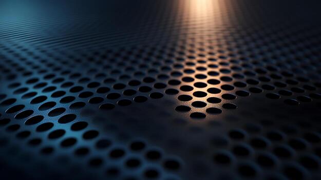 Close-up of a perforated metal surface, with a gradient light casting shadows through the holes, creating depth and visual interest. photo