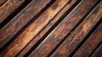 Weathered wooden planks create a rustic texture. Dark stains highlight the natural grain of the wood, adding depth and character. photo