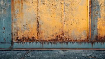 A weathered metal wall, showcasing rust and faded paint, stands above a cracked pavement, creating a striking contrast of texture and color. photo