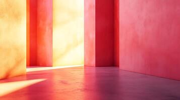 Abstract architecture featuring a combination of light and shadow on colored walls. The space invokes a sense of calm and contemporary design. photo