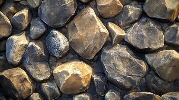 A textured array of river rocks in varying shades of brown and gray, creating a natural and rustic visual pattern, perfect as a background. photo
