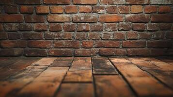 A rustic brick wall paired with a wooden floor creates a sense of aged charm and textural contrast in a dimly lit setting. photo