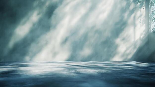 A tranquil, dreamlike scene with ethereal light filtering through foliage, creating soft shadows across a surface. photo