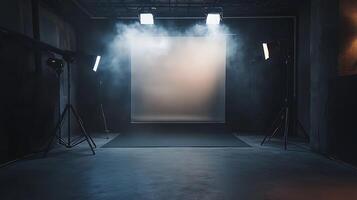An indoor space with lights, studio equipment, and a screen, creating a setting perfect for film or photo shoots.