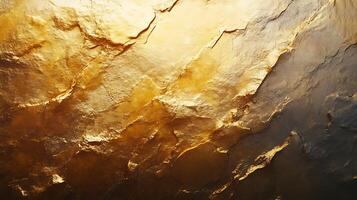 Textured golden surface of a stone slab with light and shadow creating depth. The rock texture is illuminated, creating visual interest. photo