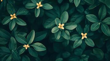 A captivating top-down view reveals vibrant yellow flowers amidst a sea of lush, dark green foliage, creating a serene natural artwork. photo