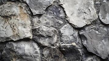 Monochrome stones are joined to form this structure. The stone wall has visible textures of gray shades and shapes. photo
