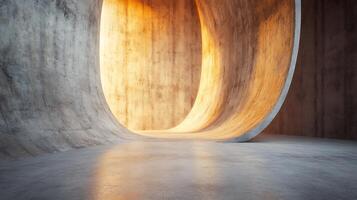 Concrete structure with curved tunnel and light, showcasing modern architecture and artistic design of interior space. photo