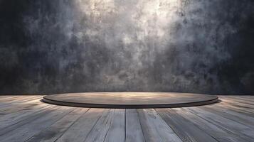 A modern stage setting with a round platform against a textured backdrop, illuminated to create a dramatic spotlight effect. photo