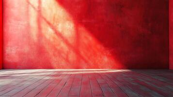 Illuminated Red Room Sunlight streams through, casting shadows on the vibrant red walls and rustic wood floor, creating a stark, dramatic scene. photo