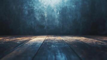 Mysterious backdrop features a wooden surface in dim light against a textured wall. Perfect for creating atmospheric visuals. photo