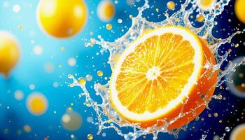 An orange in the air with splashes of water background photo